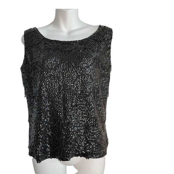 Vintage 1960s Black Sequined Crystal Embellishments Scalloped Formal Party Top M - Picture 9 of 17